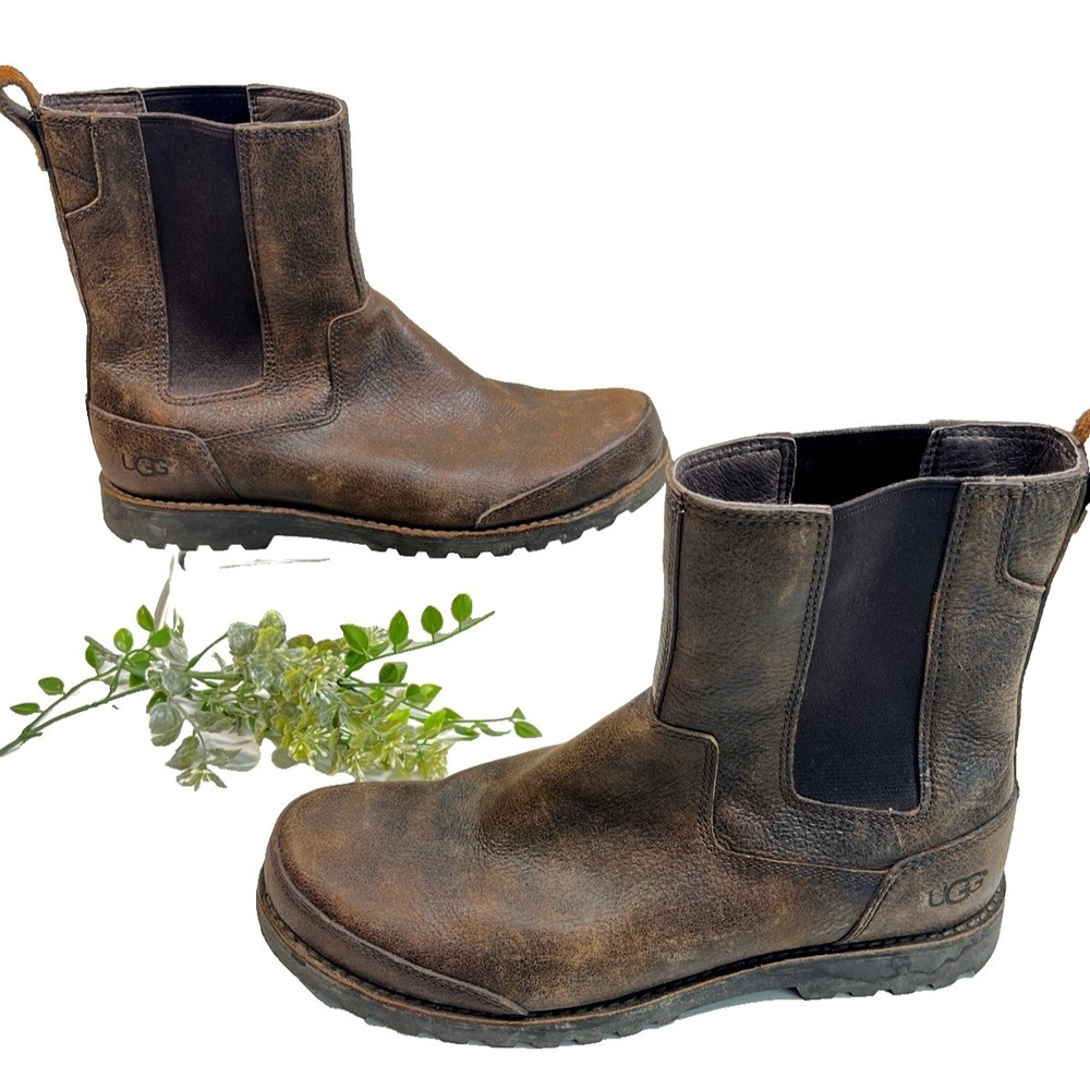 UGG Mens Herrick Chelsea Boots Dark Brown Leather Mens Size 12‎ Pull On Rugged